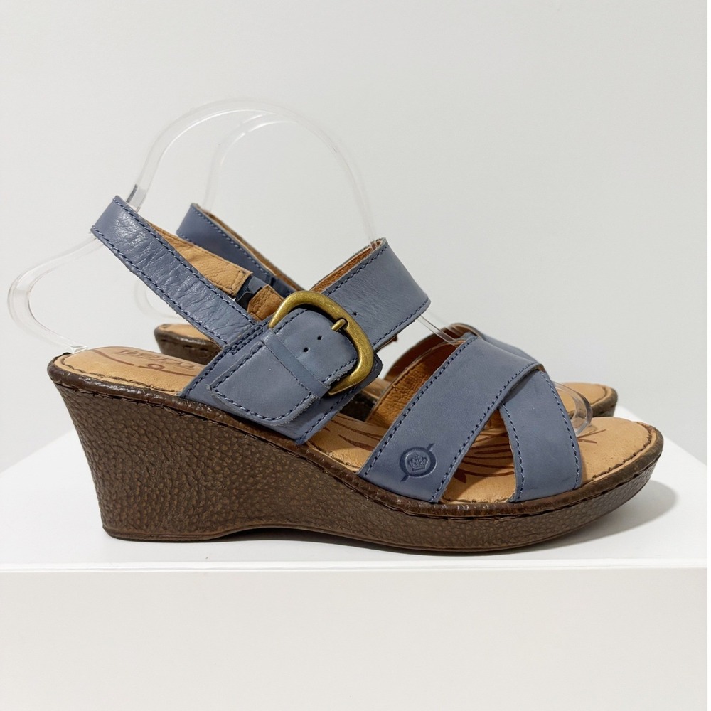 Born Slate Blue Leather Wedge Sandals
